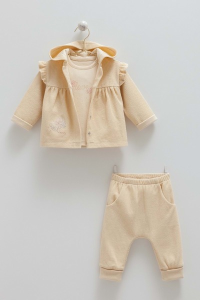Caramell Soft Style Hooded Tri̇ko Üçli̇ Takim Beige