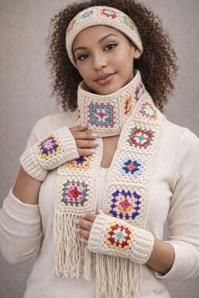 Gönülden Tasarım El Örgüsü Etnik Motifli Parmaksız Eldiven Atkı Set