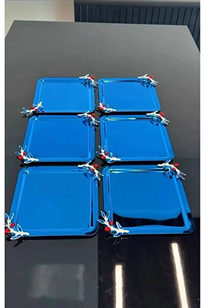 SİNİ Zeytin Dalı Aksesuarlı Paslanmaz Çelik 6 Adet Kare Lüx Mavi Kahve, Çay S...