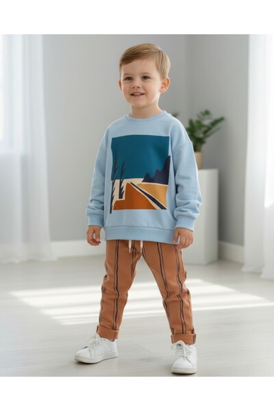 VOY KİDS سويت شيرت مطبوع عليه مناظر طبيعية للأولاد، تصميم أصلي مع بنطال مخطط ...