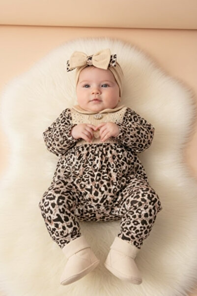NOTA KİDS KIZ BEBEK %100 PAMUKLU 3-18 AY LEOPAR DESENLİ BEBEK TULUMU