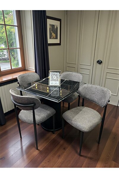 Kayı mobilya Sonata Mermer Desenli Siyah Kare Yemek, Salon Masası Masa Kenarl...