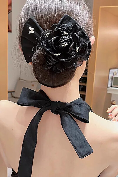 TAKIŞTIR Black Color Rose Detailed Rotatable Bun Clip