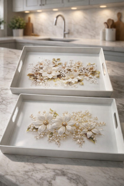 MAKRİ HOME طقم صينية تقديم مستطيلة مكون من قطعتين بتصميم زهور مزخرفة وأنيقة