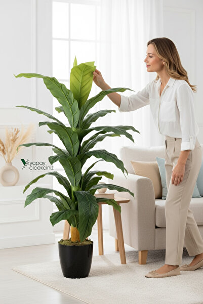 YAPAY ÇİÇEKÇİNİZ Siyah Saksıda Çim Detaylı Büyük Yapraklı Yapay Difenbahya Ağ...