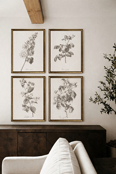 HOME DEKORİSTA Vintage 4'lü CAMLI Çerçeveli Çiçek Dekoratif Tablo Seti, Galer...