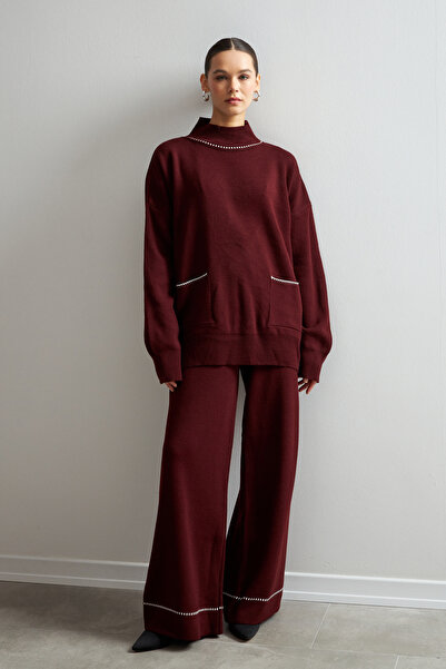 Bipantolon Set de tricotaje pentru femei, burgundy, cu guler, cu buzunar, pan...