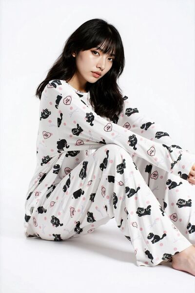 Ecrou Women's Ecru Cat Report Ribbed Knit Texture Seoul Long Sleeve Top Pants...