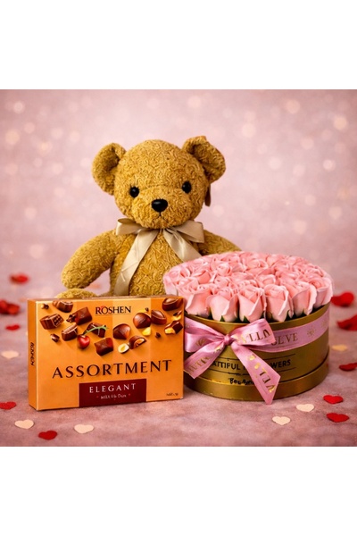 velve Aranjament floral cu ursulet de plus Crem 60cm, 33 trandafiri sapun,pra...