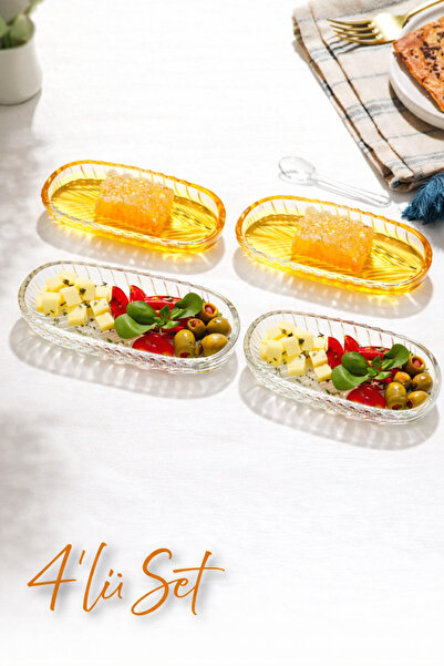 clasavm 4 Adet Kayık Tabak | Cam 4'lü Çerezlik -Sunumluk - Sosluk Cam Tabak