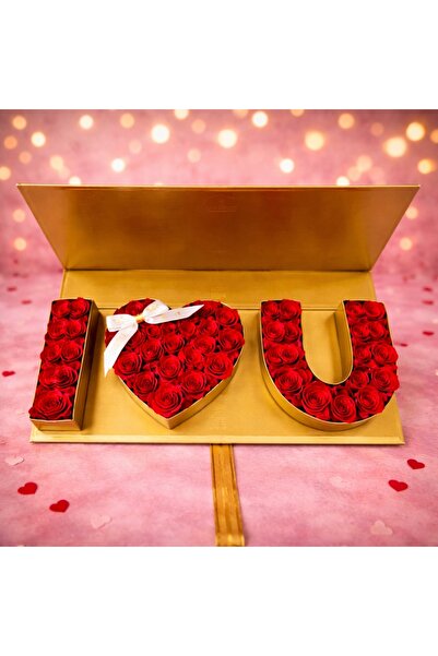 velve Golden box with soap roses and text, "I LOVE YOU", Red, Red