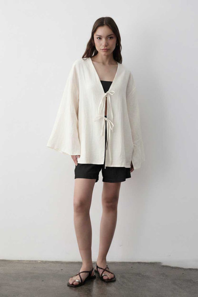 JASTE Kadın Yarasa Kol Çift Bağlamalı Kimono %100 Pamuk NATURAL