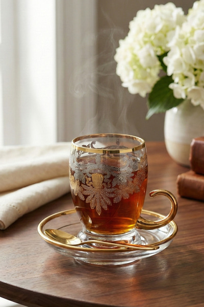 SQUALO Glass tea set – 6 pieces – decorated with gold and silver