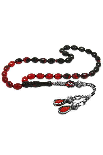 Tesbihane 1000 Ayar Gümüş Çift Kazaz Püsküllü Arpa Kesim Süzme Kırmızı Siyah ...