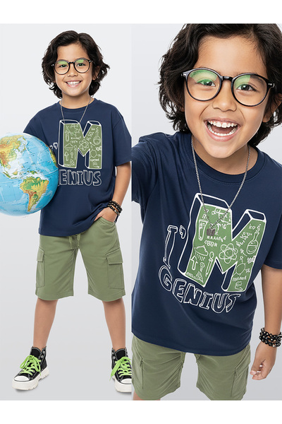 Denokids Boys' Team Science Printed Cotton T-Shirt Gabardine Woven Shorts Sum...