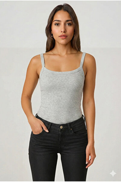 MİO ESTİLO Women's Thin Strap K Ribbed Knit F Corded Fabric Gray Undershirt –...