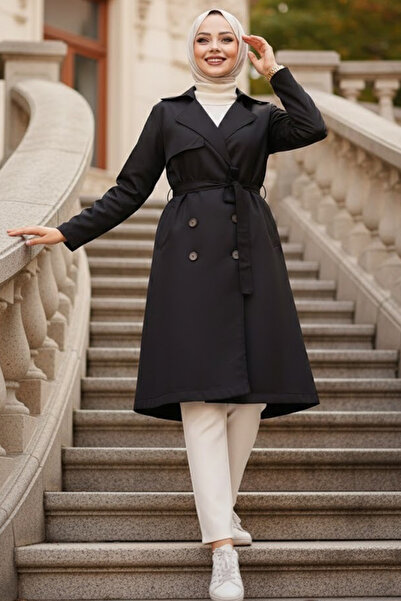 Neva Style Buttoned Black Hijab Trench Coat 263S