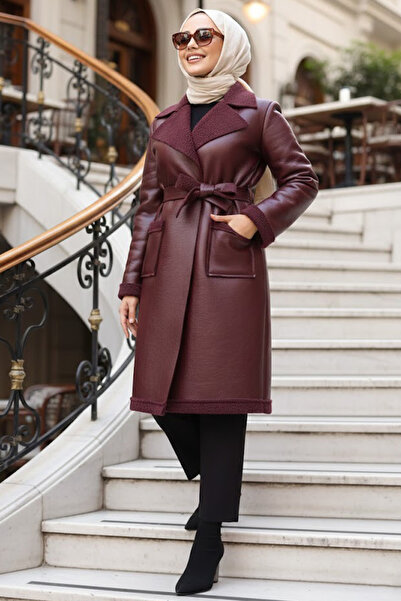 N.S NEVA STYLE Palton din piele artificială cu detaliu de blană, roșu claret,...