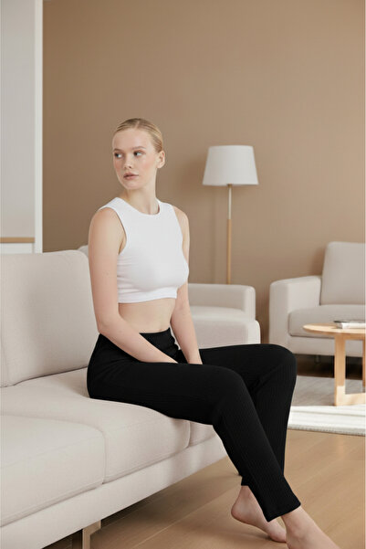 mmetalic بيجامة نسائية سوداء عالية الخصر مضلعة واسعة الساق كاجوال رفيعة