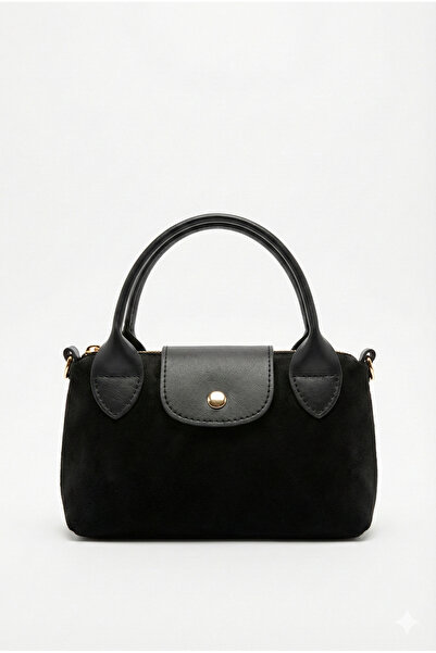 PurpleART Kadın Siyah Süet Dokulu Minimal El ve Omuz Çantası - Zamansız Şıklık