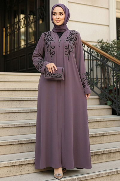 Neva Style Boncuk İşlemeli Gül Kurusu Tesettür Abaya 29107GK