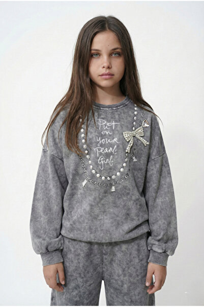 HayKids Hanorac supradimensionat cu detaliu fundă din piatră gri perlată și s...