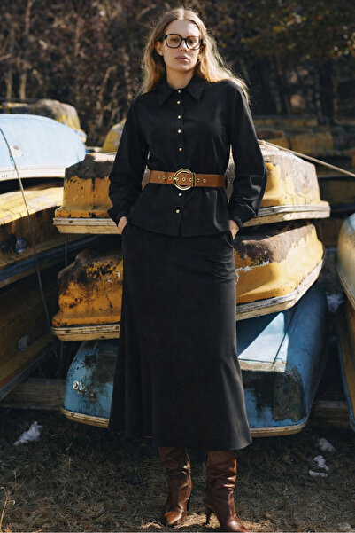 Touché Privé Textured Belted Shirt Skirt Set