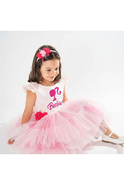 YAĞMUR KOStütüM Taç Hediyeli Barbie Temalı Kız Çocuk Pembe Doğum Günü Elbises...