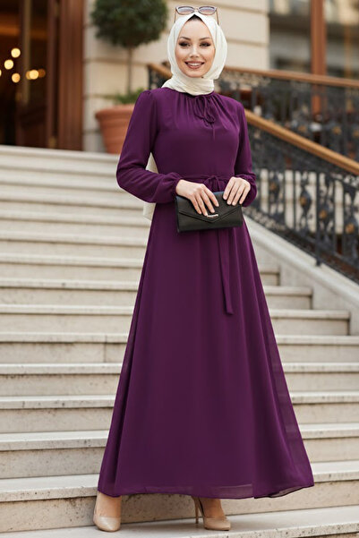 Neva Style Φόρεμα Μωβ Τσαμιρό με Ζώνη 27922MOR