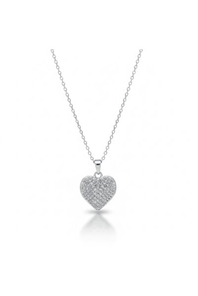 Tesbihane Women's Steel Necklace - Heart Design - White Zircon Stone - Silver...