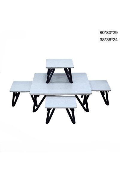 Generic 5-Pcs wooden nesting coffee table set with V-shaped black metal legs,...