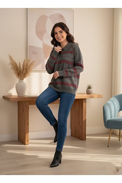 ASEZ BUTİK Premium Vintage Stripe Patterned, Polo Neck Buttoned Lux Knitwear ...