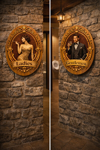 Fumor 2’li Oval WC Kapı Tabelası | Ahşap Baskıya Uygun | Vintage Tuvalet Levhası