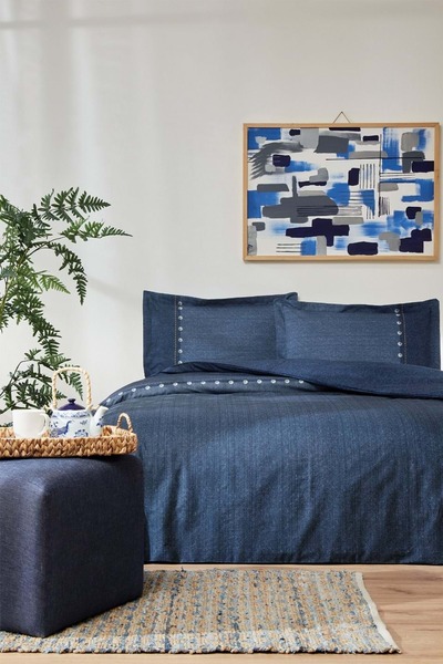 Özdilek Ranforce -Oregon Navy Blue- Single Denim Duvet Cover Set with Elastic...