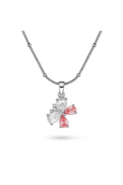 Tesbihane قلادة نسائية من الفولاذ - تصميم فراشة - حجر زركون ملون - لون فضي