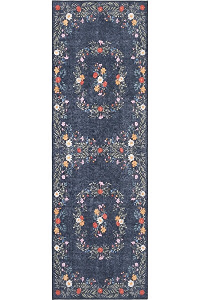 Cool Halı Florence Lacivert Yeşil Çiçekli Dekoratif Otantik İnce Makinada Yık...