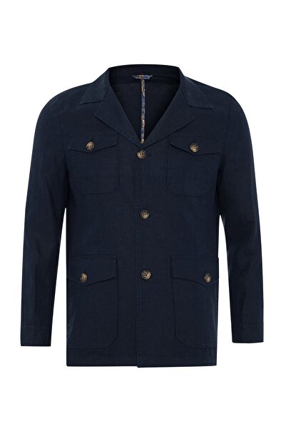 Andrea Nicolotti Men's Navy Blue Linen Regular Fit Summer Safari Jacket