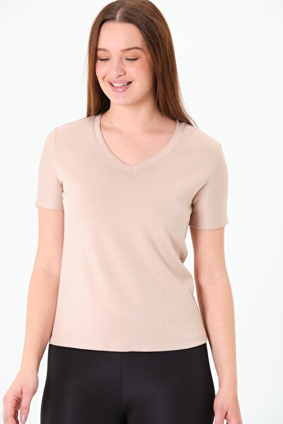 Sortie Women's V-Neck Short Sleeve Relaxed Fit Modal Fabric Beige Color Basic...