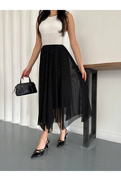 AYKA WEAR تنورة نسائية غير متماثلة من التول المرصع بالأحجار للموسم الجديد