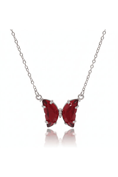 Tesbihane قلادة نسائية من الفولاذ - تصميم فراشة - حجر زركون أحمر - لون فضي