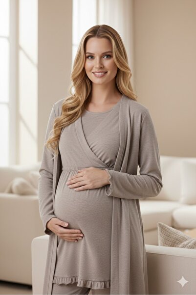 Pelin Women's Beige Adjustable Waist Maternity 3-Piece Pajama Set with Hidden...