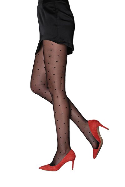 DAYMOD ÇORAP Point 15 Den Black Polka Dot Patterned Women's Pantyhose