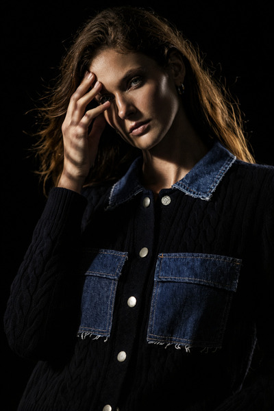 studio fashion 1988 Women's Metal Snap Denim Mix Hair Knitwear Jacket - Cardigan