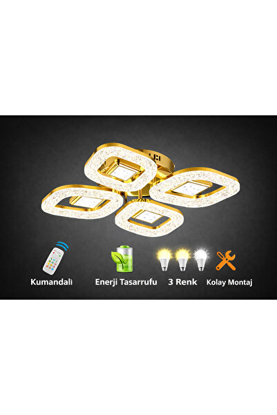 KUZENLER Lüx Gold Kristal LED Tavana Sıfır Avize | Kumandalı 3 Renk Işık
