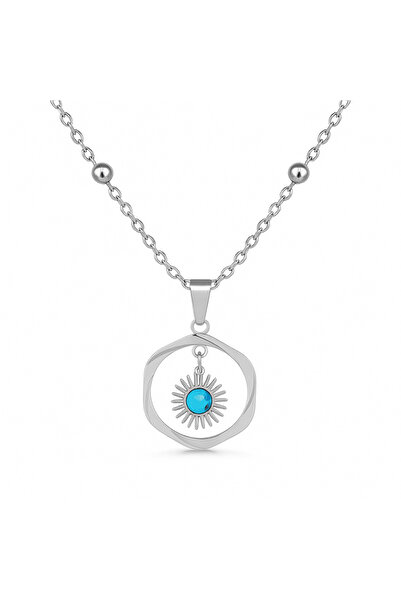 Tesbihane Women's Steel Necklace - Ring Design - Turquoise Stone - Silver Color