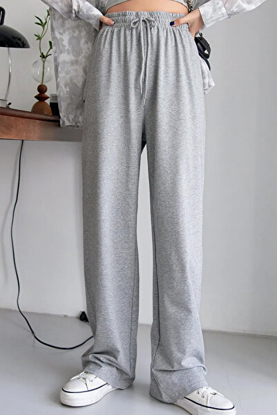 İlayda Toprak Basic Lace-Up Oversized Loose Fit Elastic Waist Gray Sweatpants