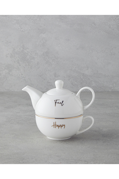 English Home Feel Happy New Bone China Demlik Seti 400 ml Beyaz