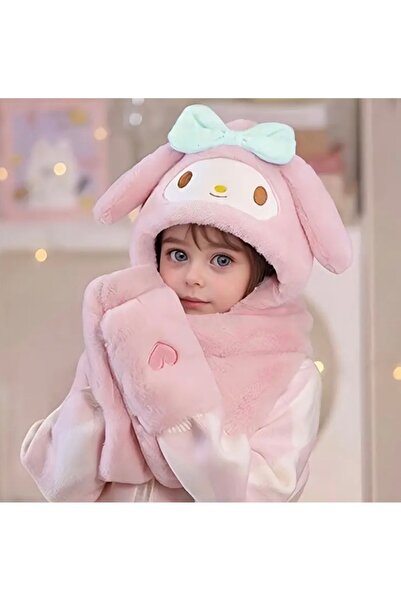 So Iconic Sanrio My Melody Sevimli Pembe Renk Peluş Kapşonlu Atkılı ve Eldive...