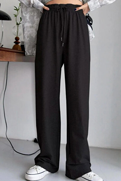 İlayda Toprak Βασικό μαύρο παντελόνι φόρμας με κορδόνια, φαρδιά γραμμή και ελ...