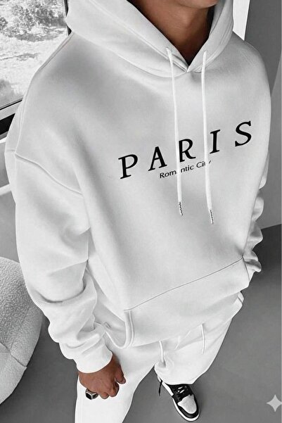 CAST COLLECTİON Men's White Paris Romantic City Printed Hooded Sweatshirt